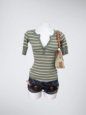 Early 2000s Self Esteem Green & White Striped Henley Ribbed Top | Earthy Y2K